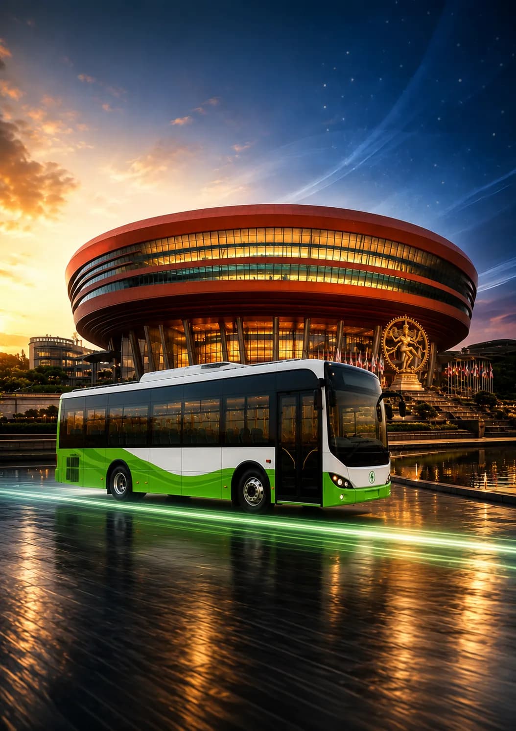 Electric bus in front of Bharat Mandapam